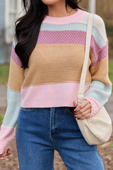Pink, Blue & Mustard Color Block Stripe Cropped Sweater