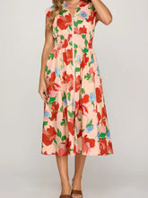 Pink Floral Print Zip-Front Smocked Midi Dress