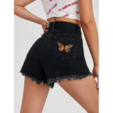 Graphic Butterfly Embroidered Raw Hem Denim Shorts
