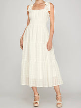 White Gingham Bow-Strap Tiered Midi Dress