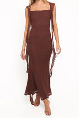 Brown Ruffle Strap Mermaid Maxi Dress