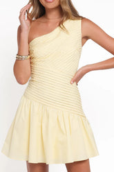 Pale Yellow One-Shoulder Pleated Ruffle Mini Dress
