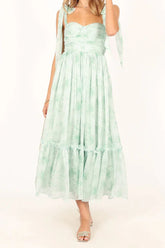 Mint Green Floral Tie-Strap Tiered Midi Dress