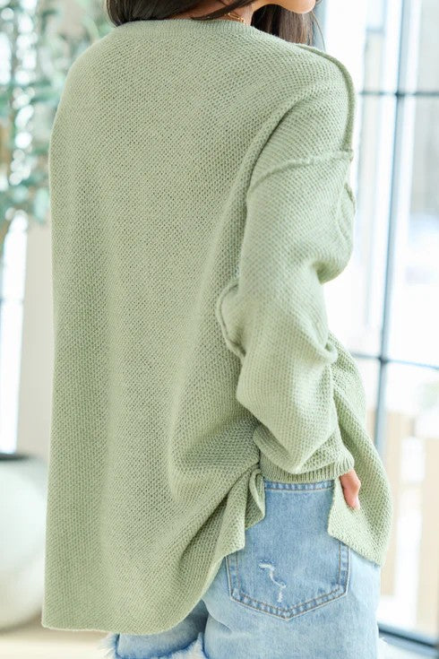 Sage Green V-Neck Side Slit Knit Cardigan