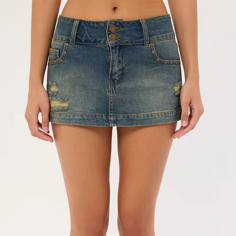 Vintage Distressed Denim Mini Skirt