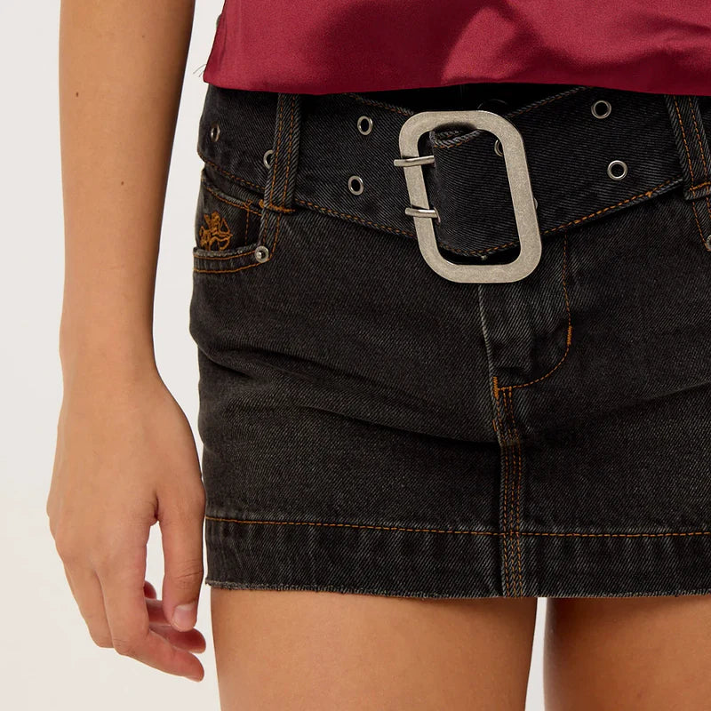 Vintage Embroidered Denim Mini Skirt with Belt