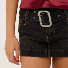 Vintage Embroidered Denim Mini Skirt with Belt