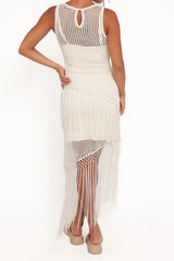 Beige Crochet Fringe Sleeveless Midi Dress