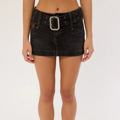 Vintage Embroidered Denim Mini Skirt with Belt