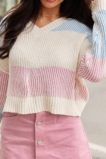 Pink, Blue & White Stripe V-Neck Cropped Sweater