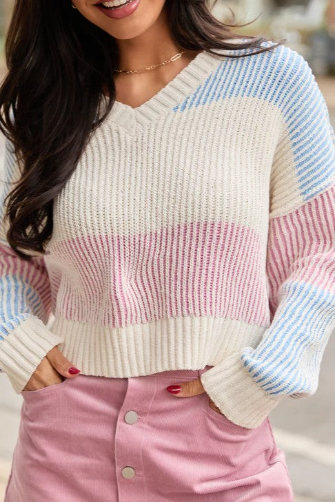 Pink, Blue & White Stripe V-Neck Cropped Sweater