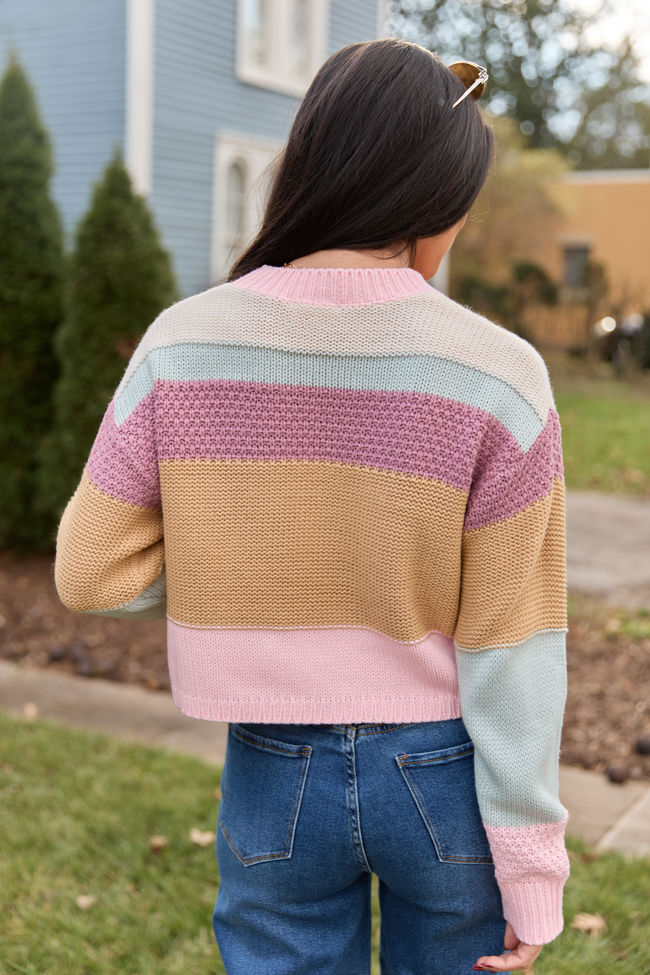 Pink, Blue & Mustard Color Block Stripe Cropped Sweater