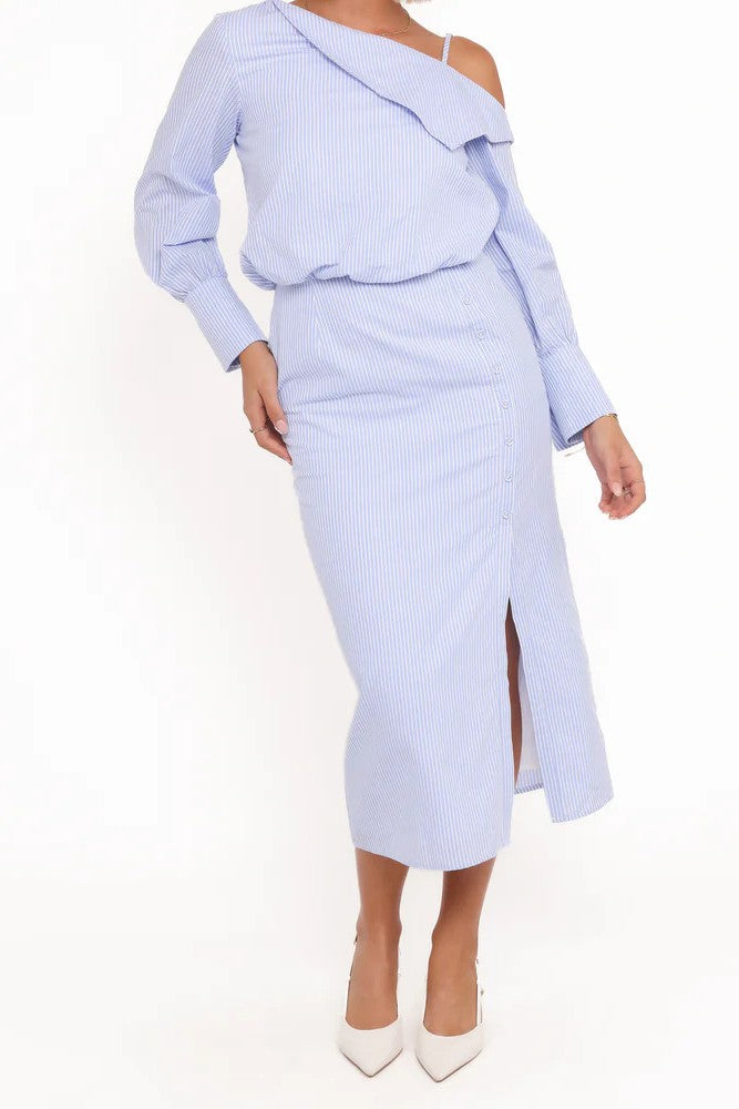 Blue & White Stripe Off-Shoulder Midi Dress