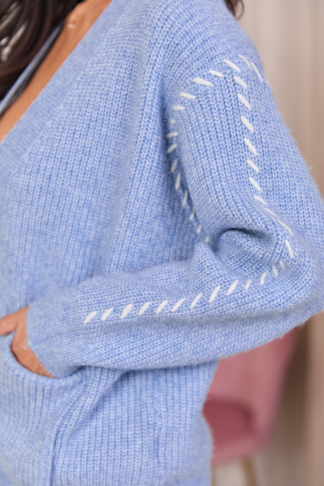 Light Blue Hand-Stitched Open Front Cardigan
