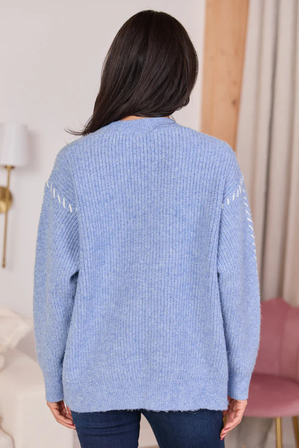 Light Blue Hand-Stitched Open Front Cardigan