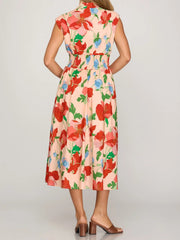 Pink Floral Print Zip-Front Smocked Midi Dress