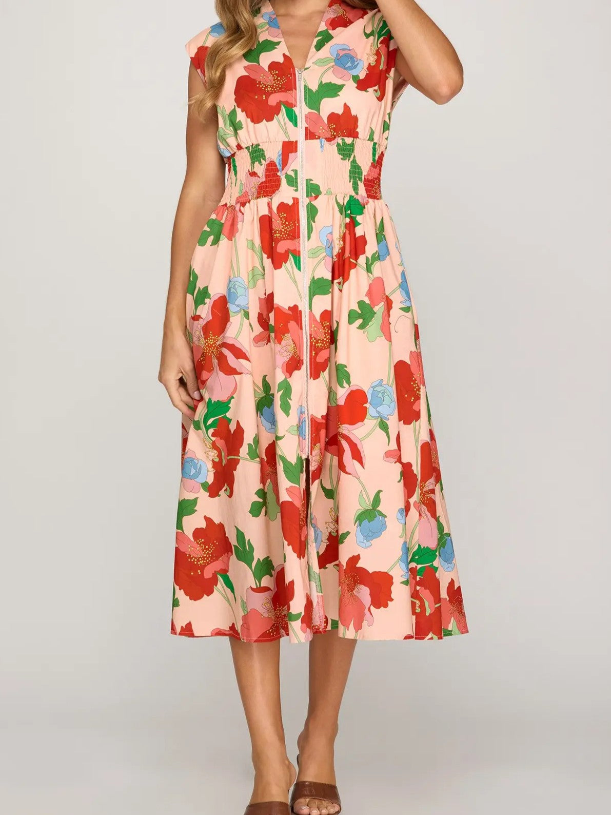 Pink Floral Print Zip-Front Smocked Midi Dress