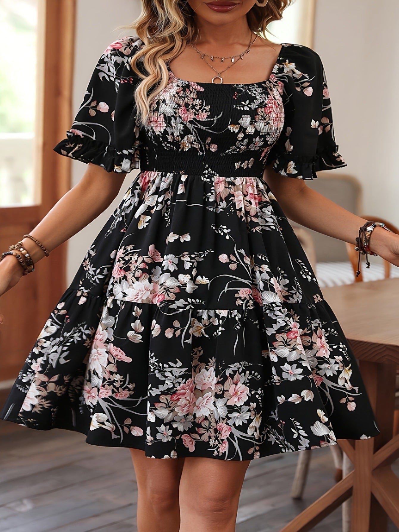 Floral Print A Line Dress for Women Slimming Party