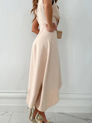 Nude Sleeveless V-Neck Wrap Midi Dress with Asymmetrical Hem