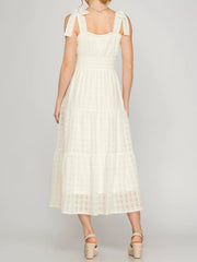 White Gingham Bow-Strap Tiered Midi Dress