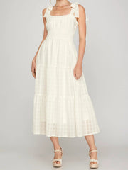 White Gingham Bow-Strap Tiered Midi Dress