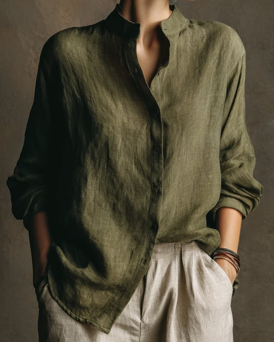 Olive Green Stand Collar Linen Shirt