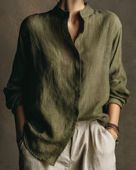 Olive Green Stand Collar Linen Shirt