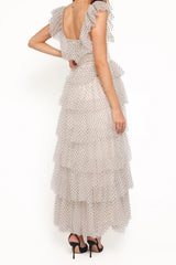 White Polka Dot Off-Shoulder Tiered Maxi Dress