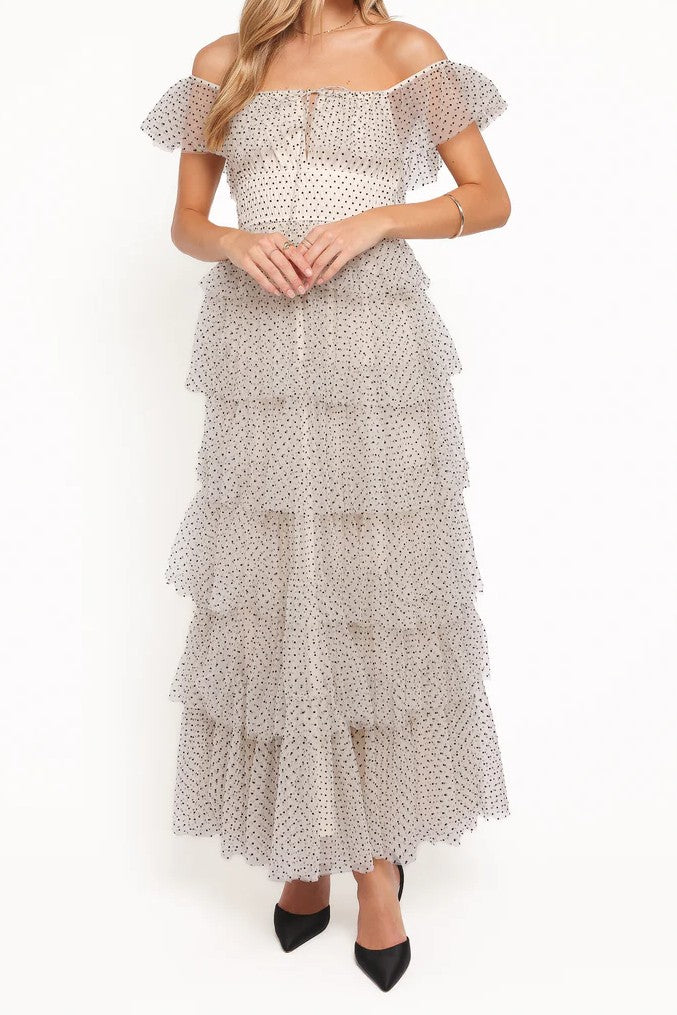 White Polka Dot Off-Shoulder Tiered Maxi Dress