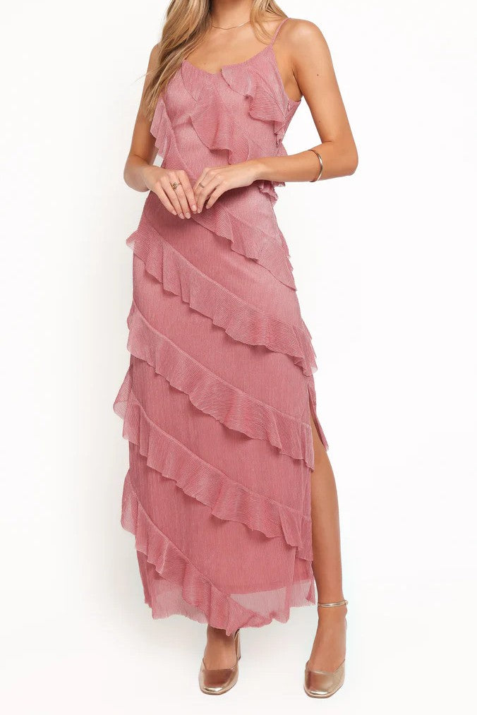 Dusty Pink Diagonal Ruffle Slit Maxi Dress