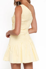 Pale Yellow One-Shoulder Pleated Ruffle Mini Dress