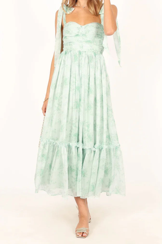 Mint Green Floral Tie-Strap Tiered Midi Dress