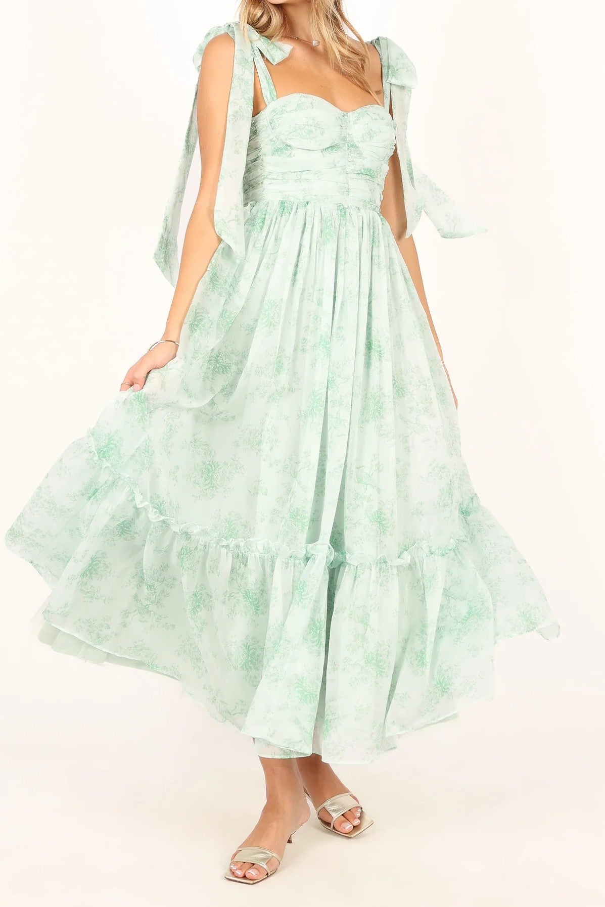 Mint Green Floral Tie-Strap Tiered Midi Dress
