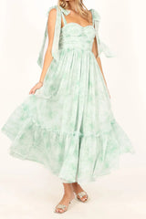 Mint Green Floral Tie-Strap Tiered Midi Dress