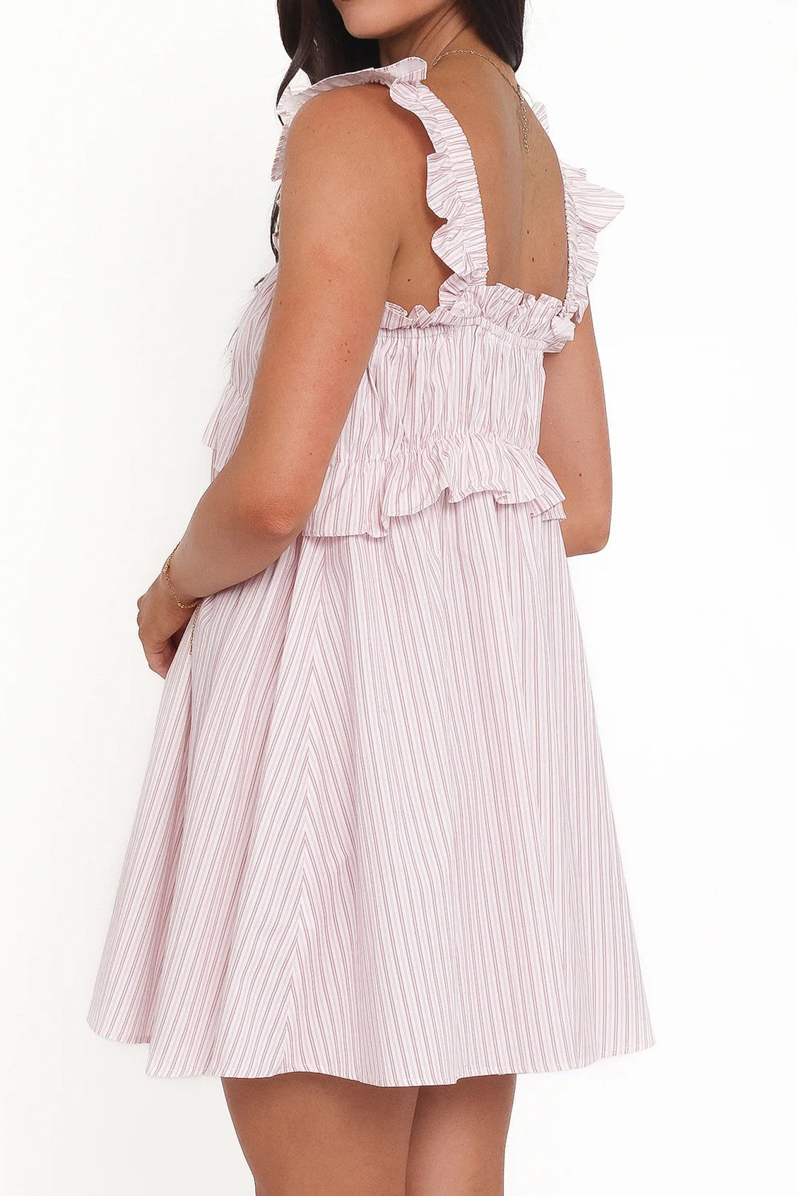 Pink & White Stripe Ruffle Strap Babydoll Mini Dress