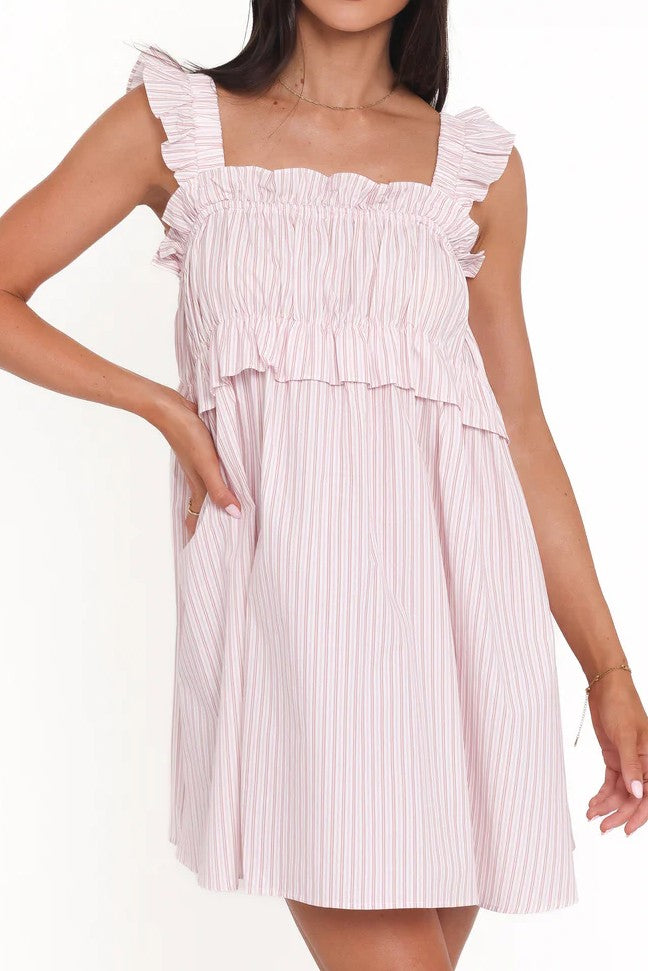 Pink & White Stripe Ruffle Strap Babydoll Mini Dress