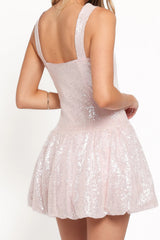 Light Pink Sequin Notched Neck Babydoll Mini Dress
