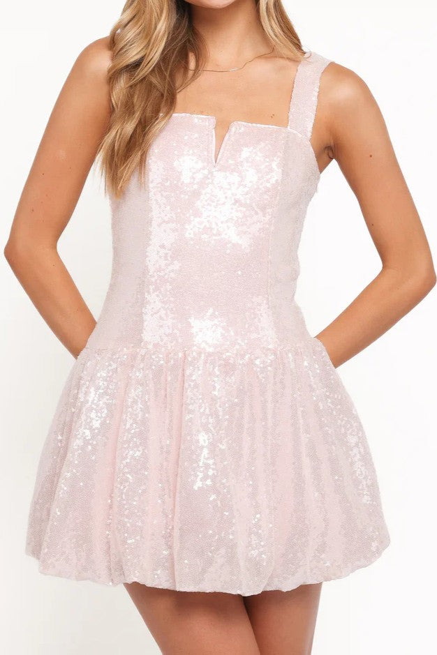 Light Pink Sequin Notched Neck Babydoll Mini Dress
