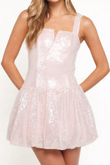 Light Pink Sequin Notched Neck Babydoll Mini Dress