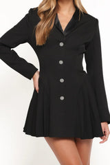 Black Satin Lapel Rhinestone Button Blazer Mini Dress