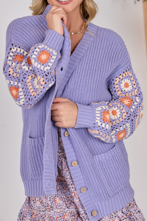 Lavender Granny Square Crochet Sleeve Cardigan