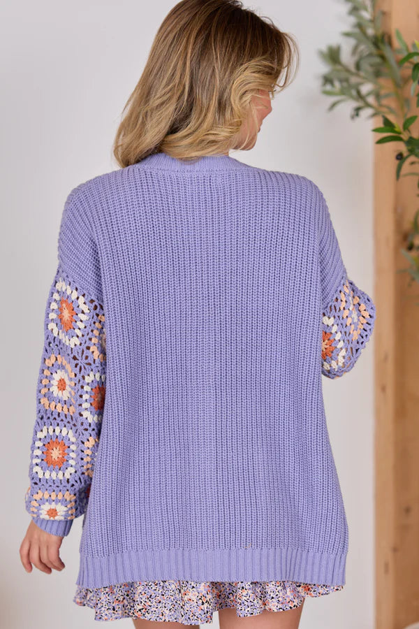Lavender Granny Square Crochet Sleeve Cardigan