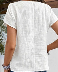 White Collared Crinkled Gauze Short Sleeve Blouse