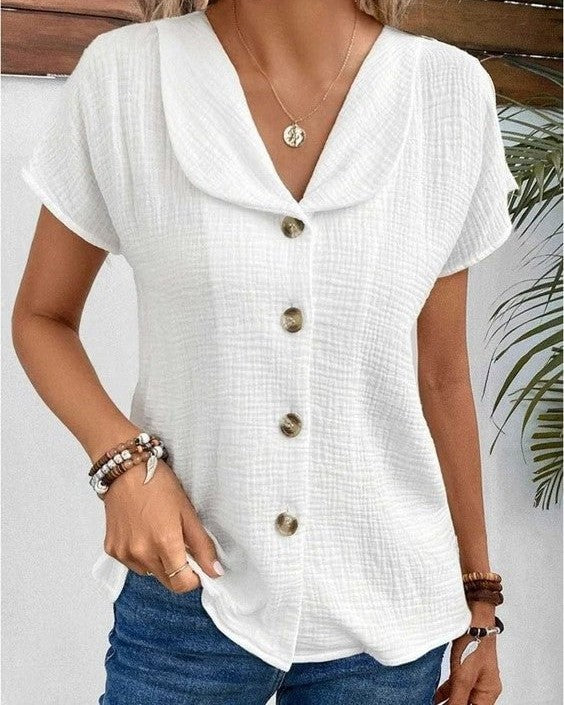 White Collared Crinkled Gauze Short Sleeve Blouse