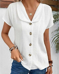 White Collared Crinkled Gauze Short Sleeve Blouse
